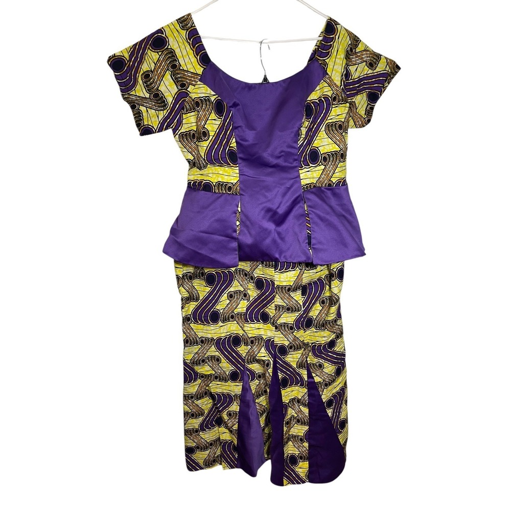 Handmade Large Purple Yellow Ankara Wax Print Peplum Top Midi Skirt Set Cultural